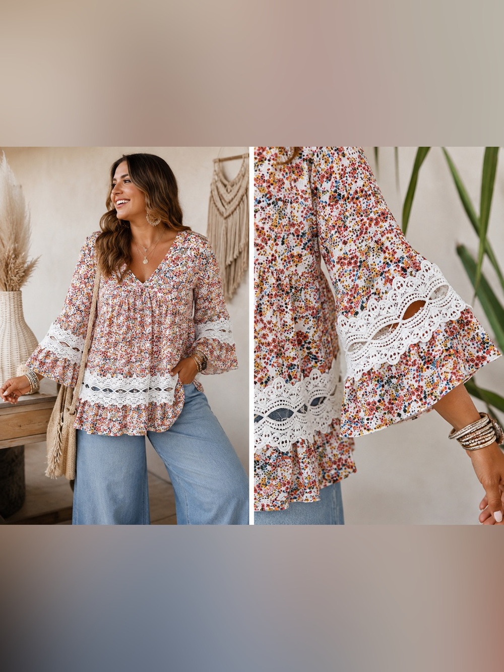 ENTRO Floral Crochet Trim Peplum Tunic Blouse EUC